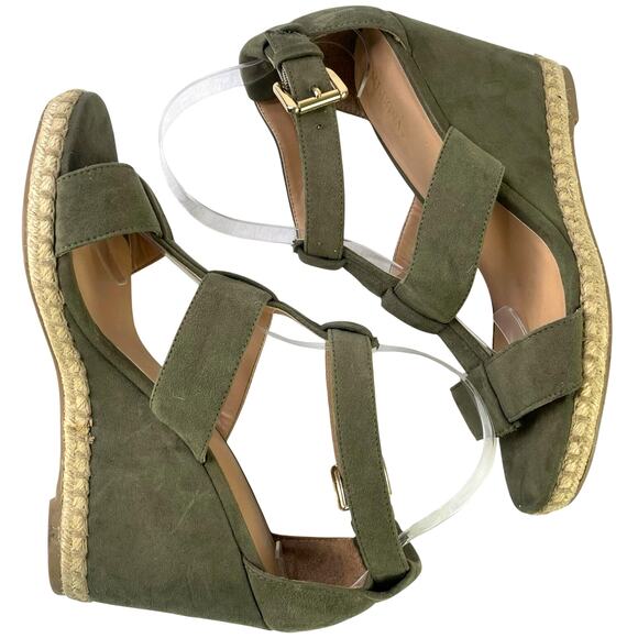 Merona Womens Open Toe Faux Suede 4" Wedge Olive Green Gold Buckle Strappy S 9 - Picture 5 of 12